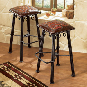 Coronado Iron Stool with Tooled Leather Seat